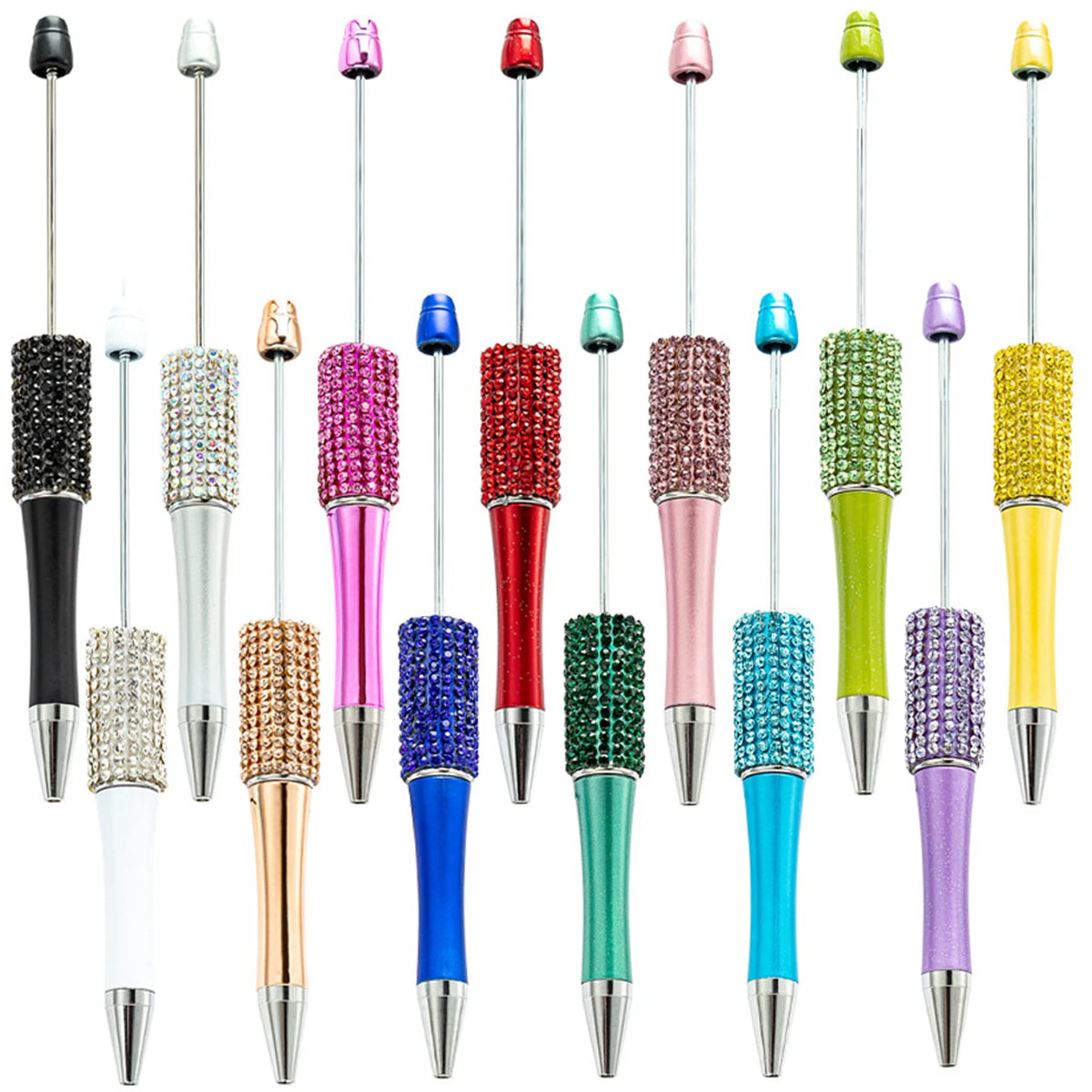 A collection of thirteen colorful beaded ballpoint pens in various shades and finishes.