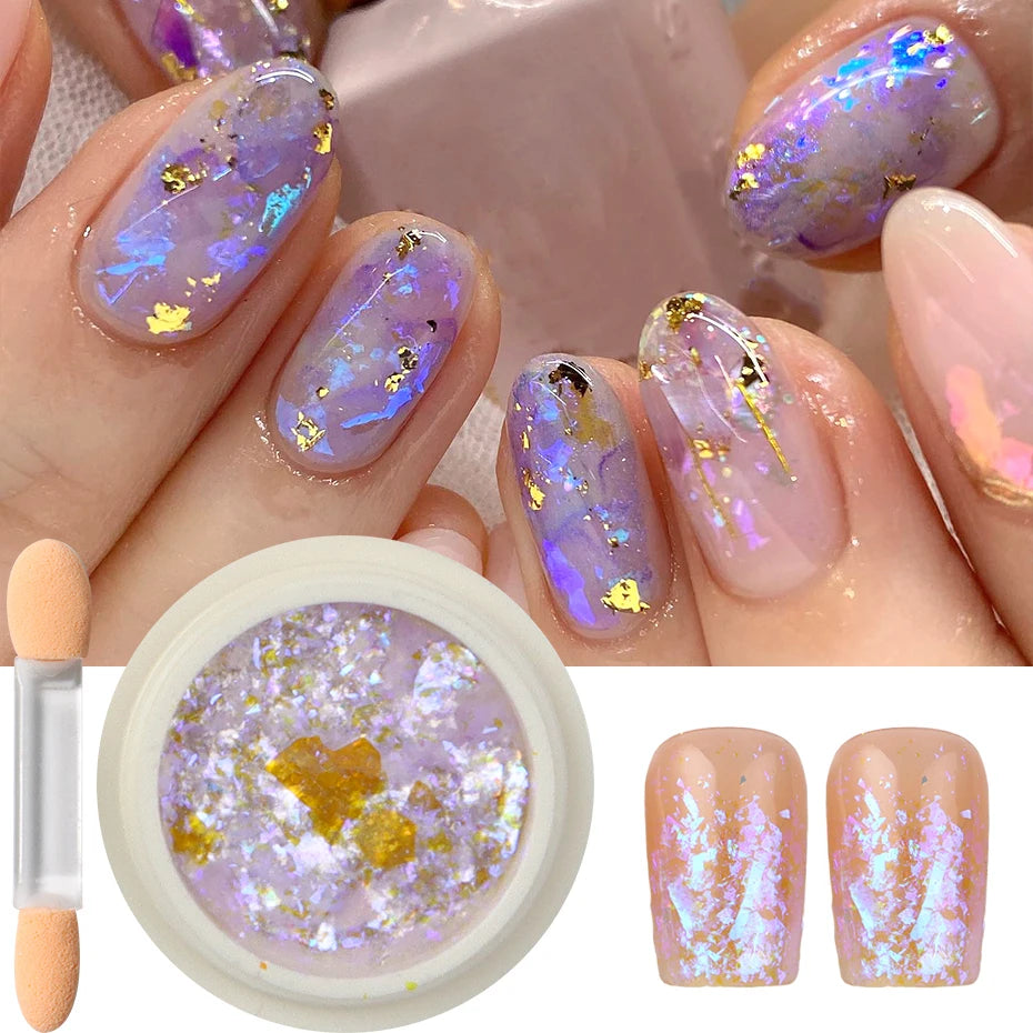 A set of iridescent opal and mermaid chrome nail glitter pigments shown on fingernails and in a jar.
