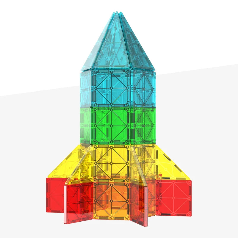 A pyramid-shaped magnetic building blocks set with colored layers of blue, green, and red.
