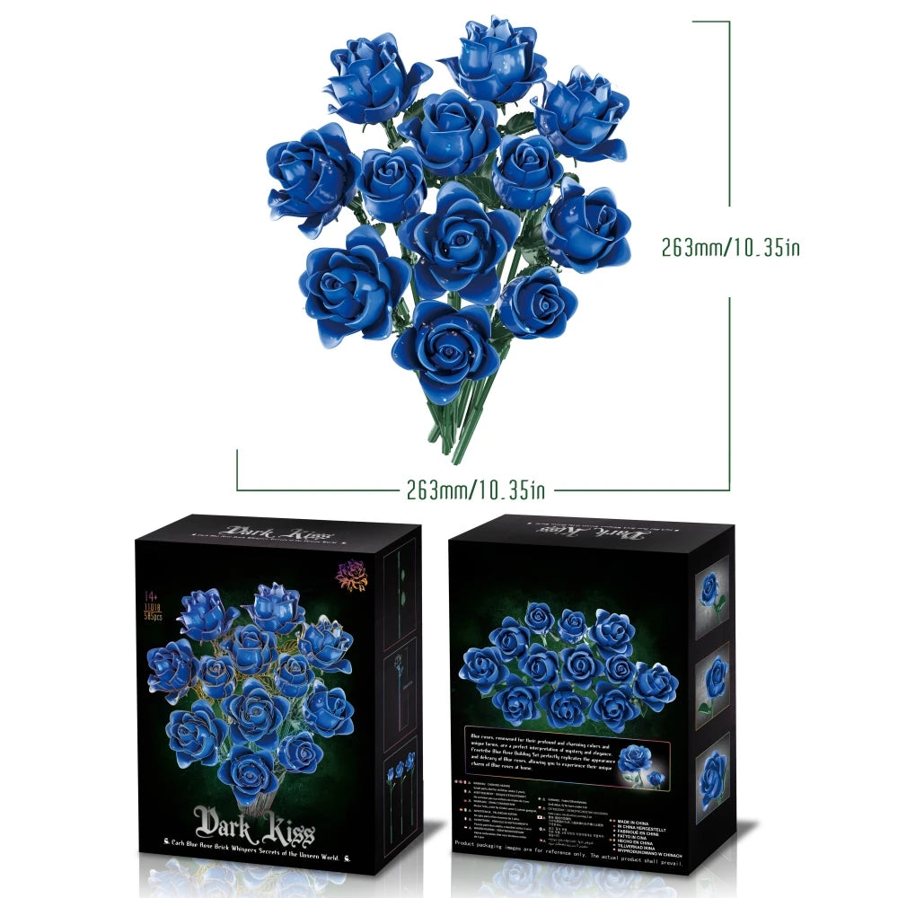 A bouquet of blue roses made from 585 building blocks.