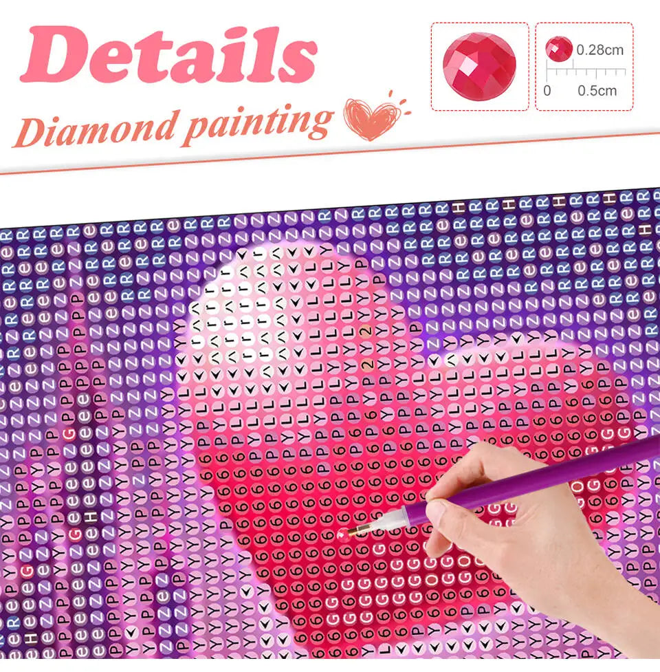 A hand paints a heart design on a diamond painting canvas featuring a starry night sky theme.