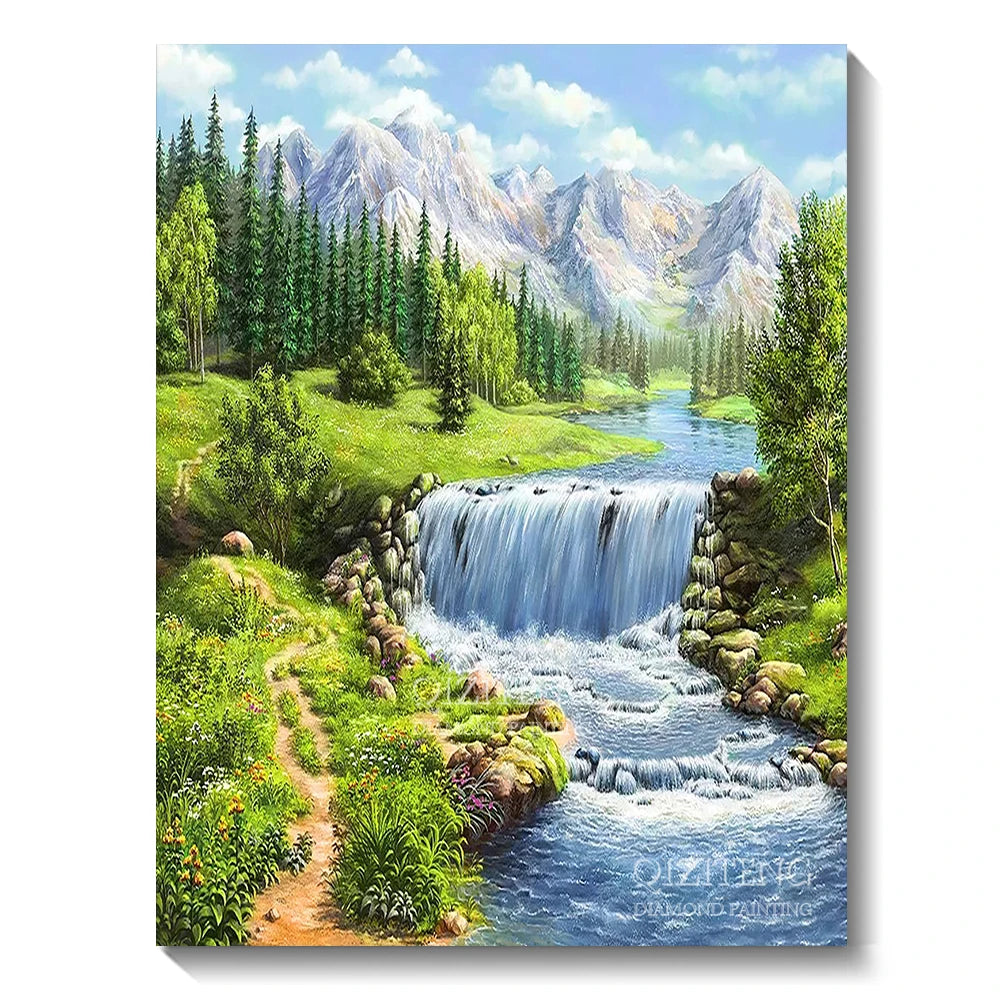 A vibrant landscape painting featuring a waterfall flowing through a green forest and mountains.