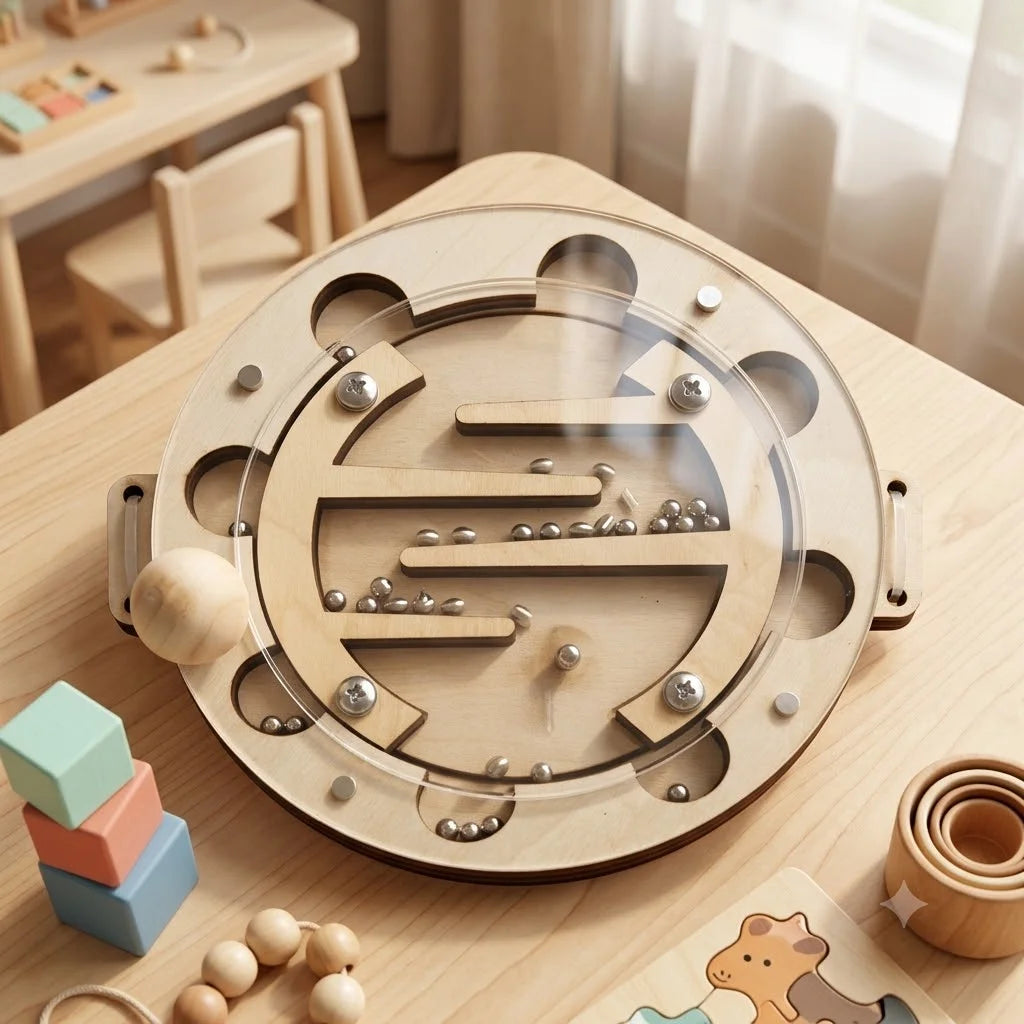 A wooden Montessori busy board for toddlers featuring gears, switches, and sensory elements on a light wood table.