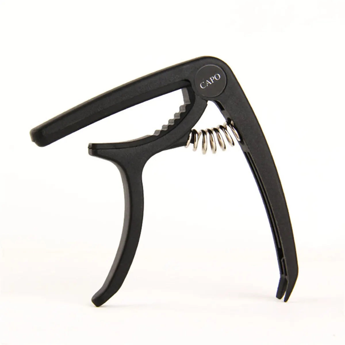 Black universal guitar capo with a metal tuning mechanism