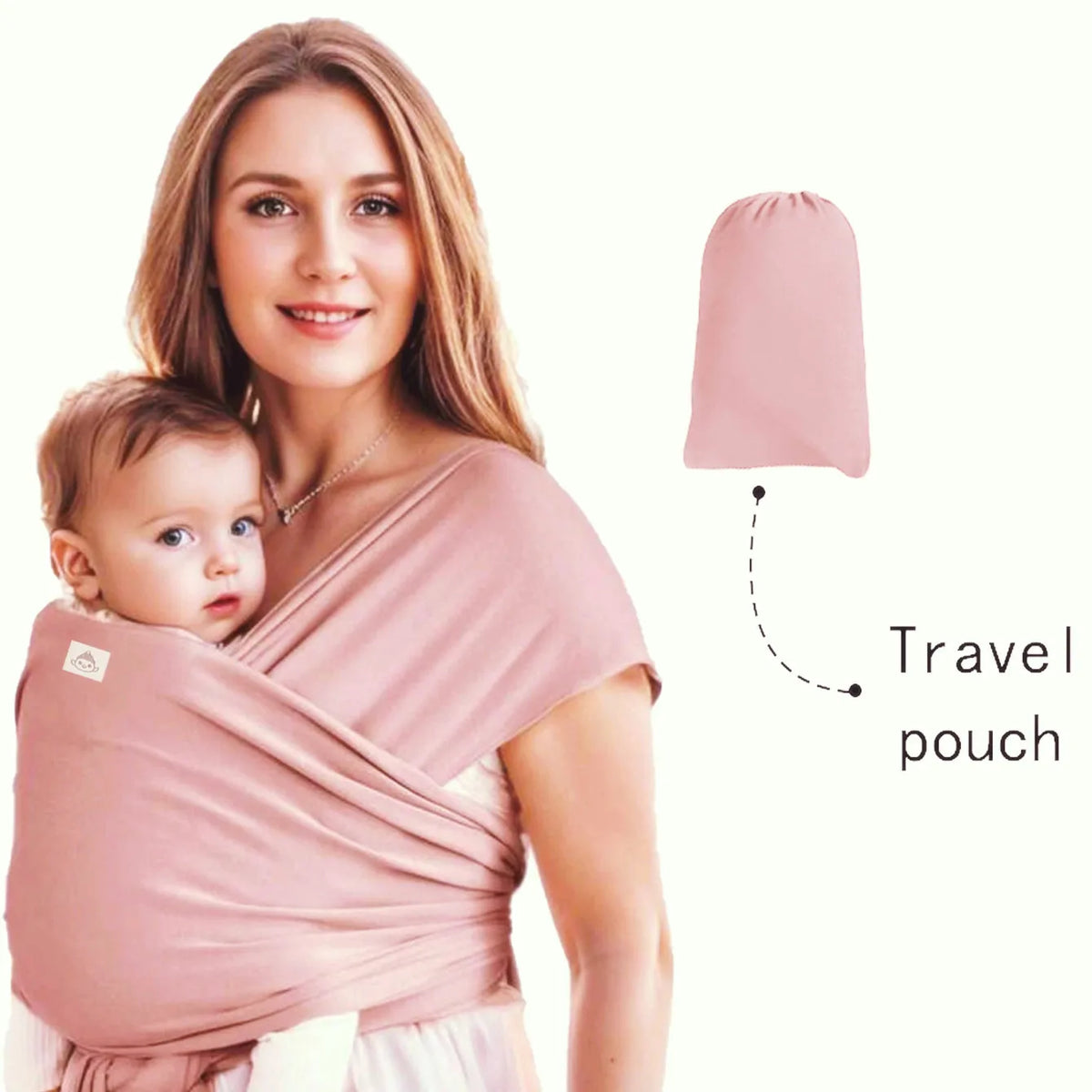 A woman wearing a pink knitted fabric baby carrier with a baby, and a separate pink travel pouch.