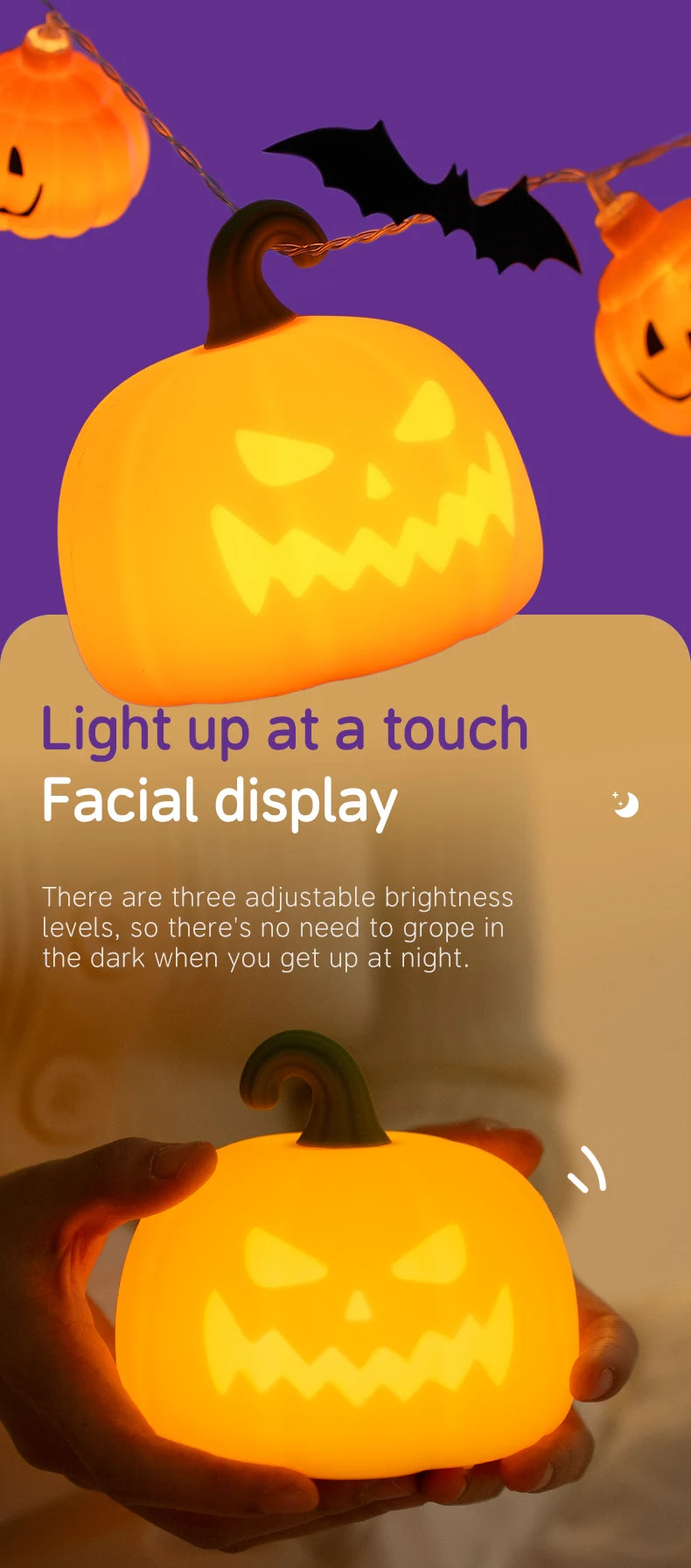 A glowing orange pumpkin LED night light is held in a hand, with bats and pumpkins decorating the background.