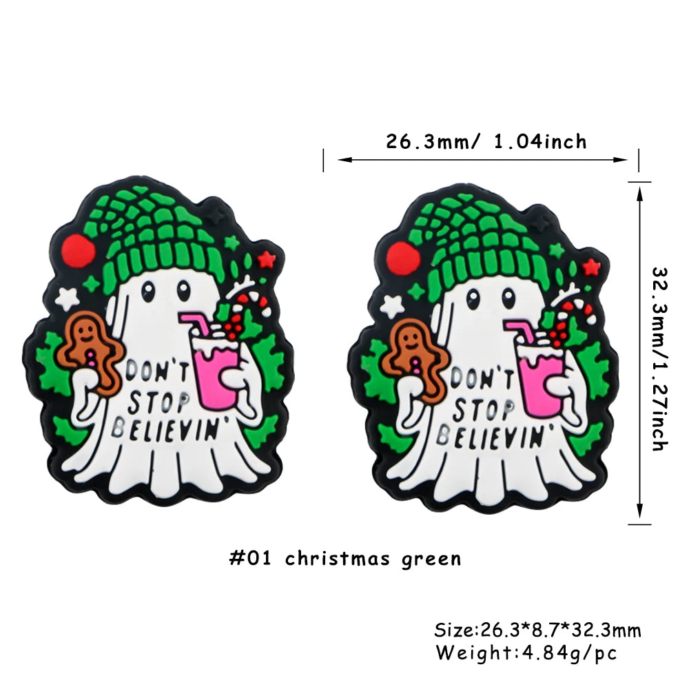 Christmas green silicone bead shaped like a ghost with festive decorations