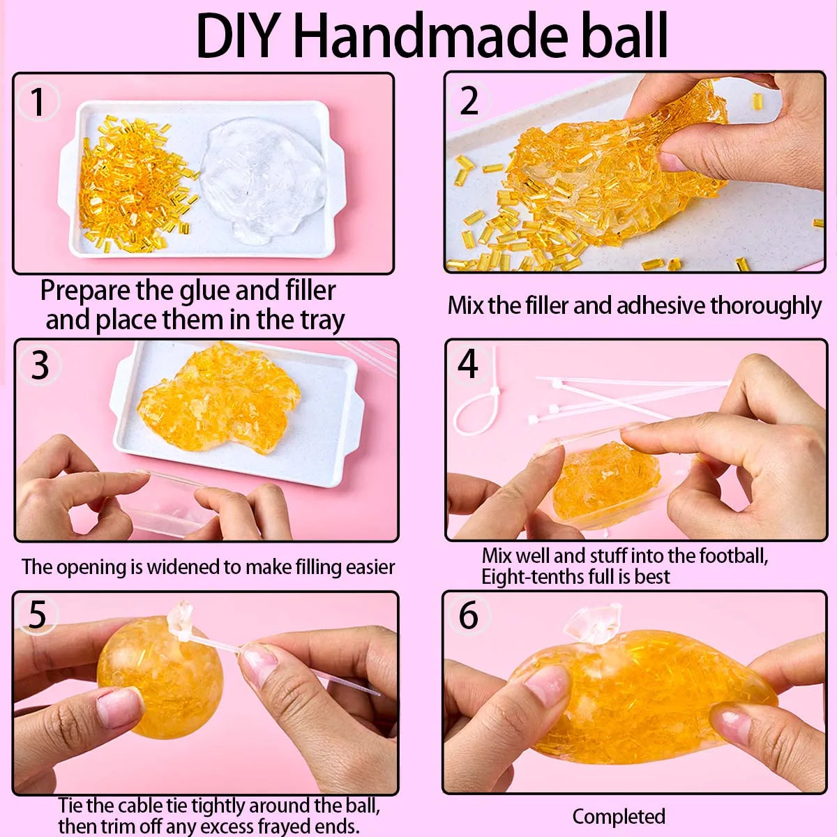 Step-by-step guide showing how to prepare and form DIY handmade ball from orange filler and adhesive