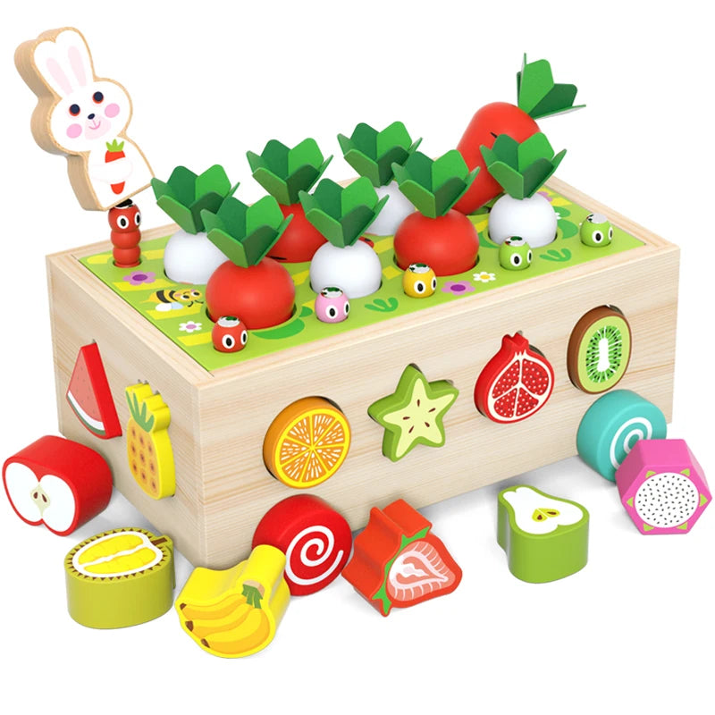 A wooden toy set featuring magnetic radish and vegetable shapes for matching and sorting.