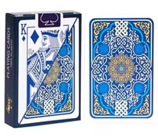 A box of waterproof plastic playing cards featuring a king design and intricate blue and gold patterns.