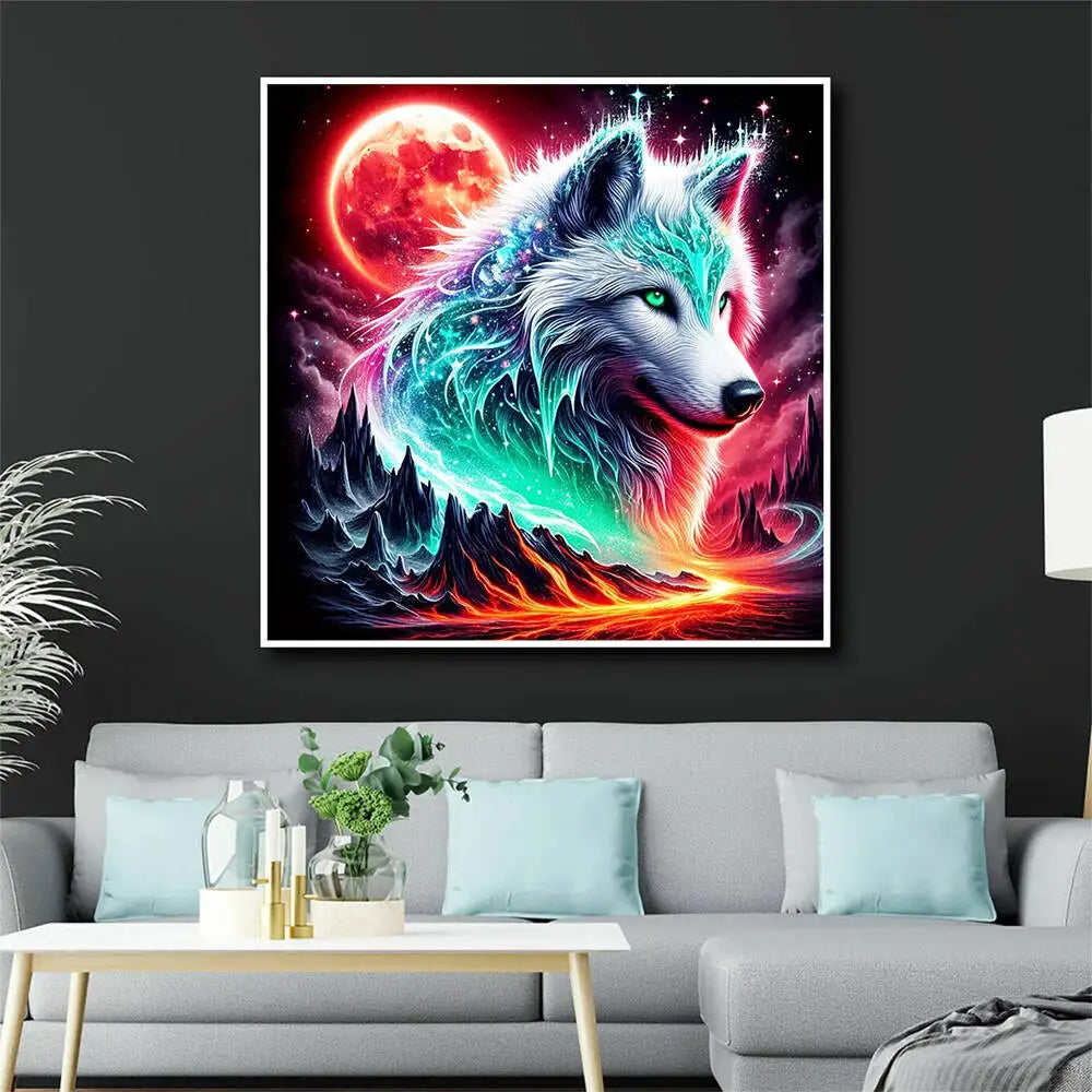 A vibrant diamond painting kit featuring a wolf howling against a glowing red moon and cosmic background.