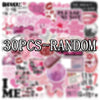 A collection of 30 random pink and purple kawaii girl cartoon stickers.