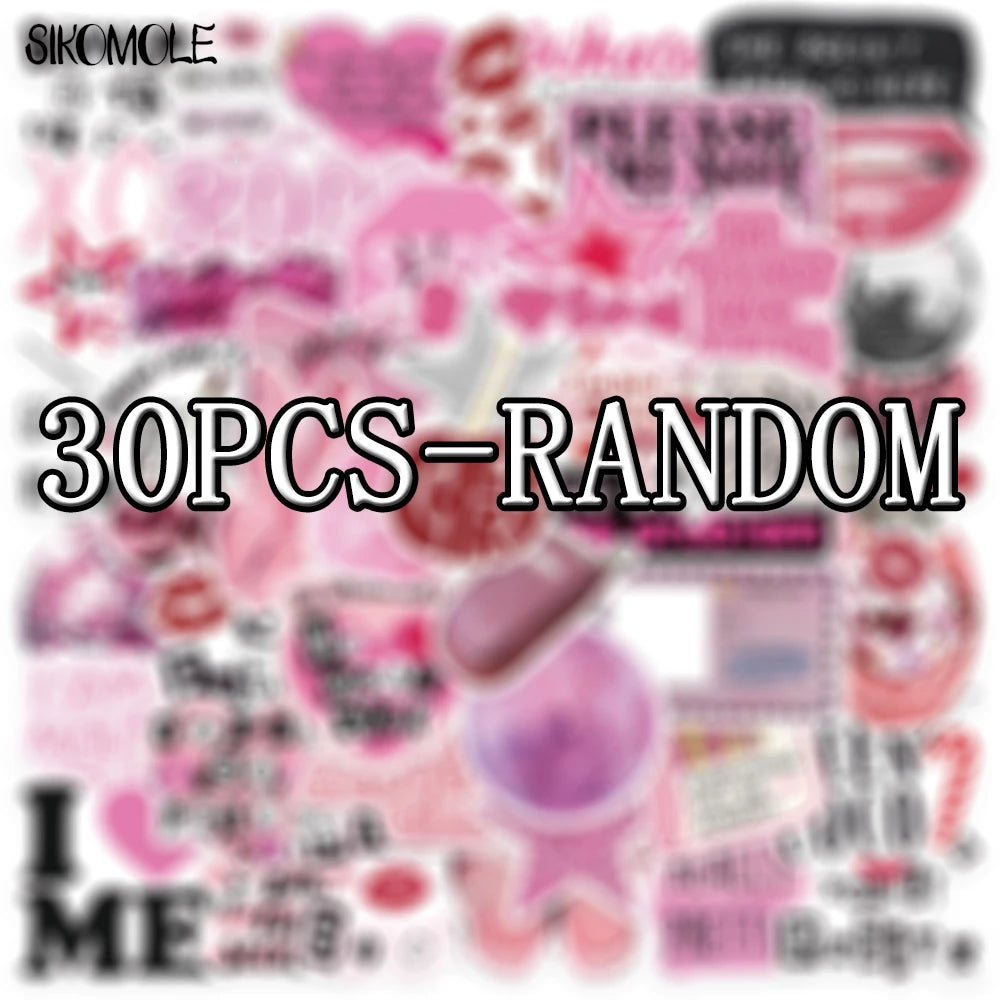 A collection of 30 random pink and purple kawaii girl cartoon stickers.