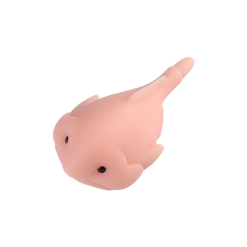 A pink squishy blobfish stress relief toy with a slow rise feature.