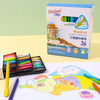 A box of Triangle Plastic Crayon art supplies with various colored crayons and a drawing on white paper.