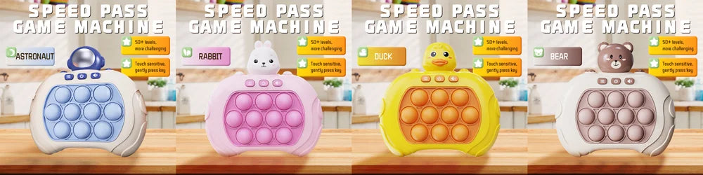 Four different colored Pop It fidget game machines shown from the front, highlighting their tactile buttons and light feature