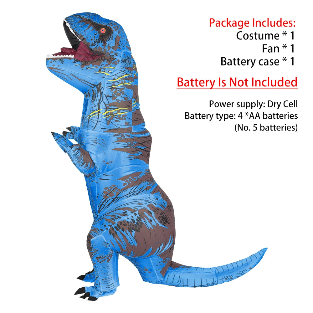 Blue inflatable Tyrannosaurus Rex costume with a realistic texture and open mouth.