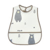 A white baby bib with a gray bear pattern and a brown trim.