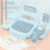 A light blue interactive cash register toy with accessories and a keypad for children.