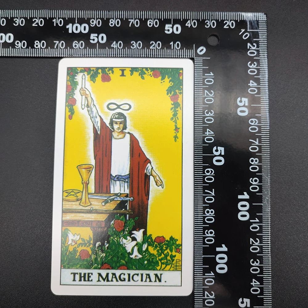 A tarot card titled The Magician featuring a figure standing before tools and elements on a yellow background.