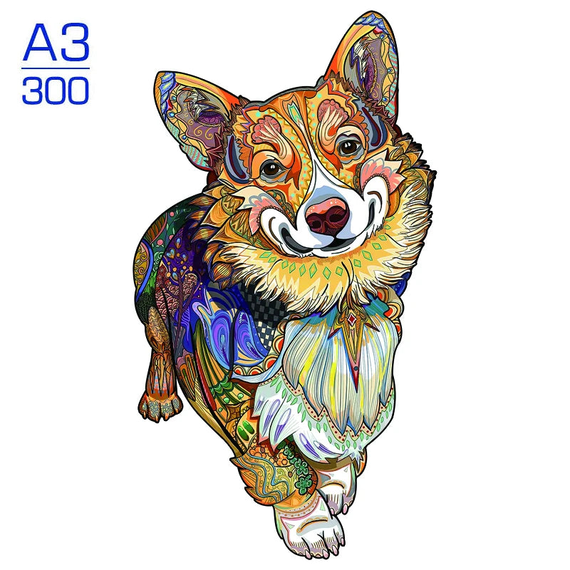 A vibrant, colorful illustration of a dog's head and chest, resembling an orange and white puppy, with intricate patterns.