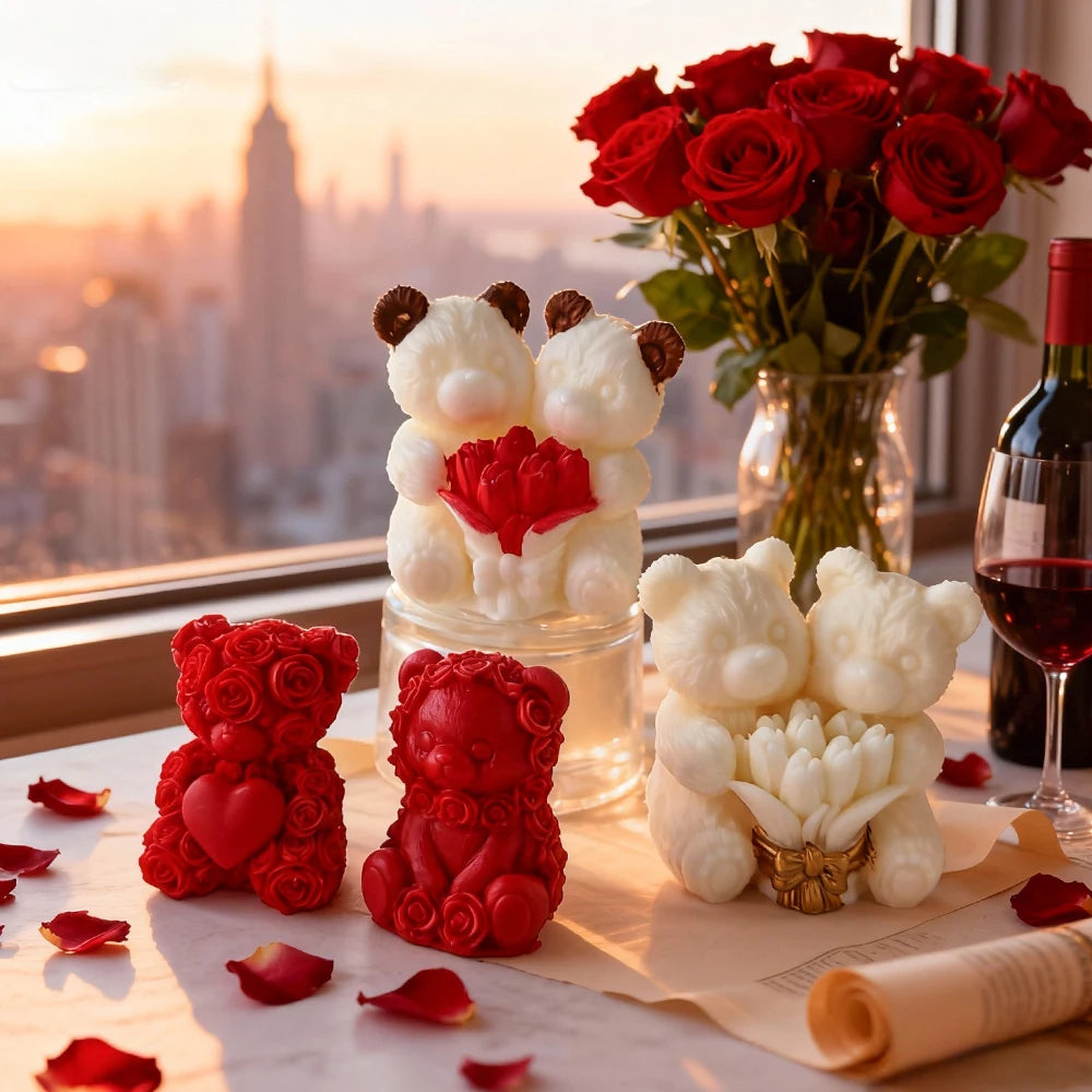 Red and white rose bear silicone candle molds displayed with fresh red roses and a glass of red wine against a city skyline b