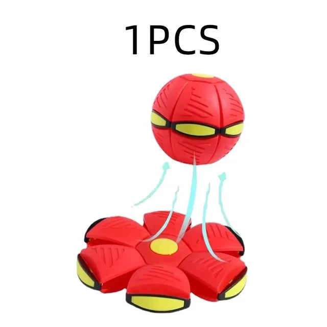 One piece of a red and yellow interactive flying UFO pet toy for dogs.