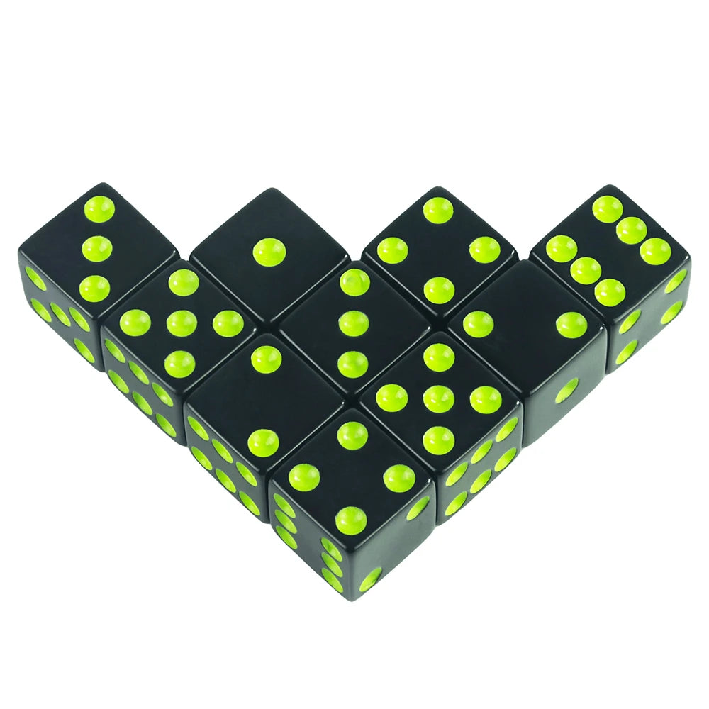 A set of ten vibrant green acrylic D6 dice for board games and RPGs