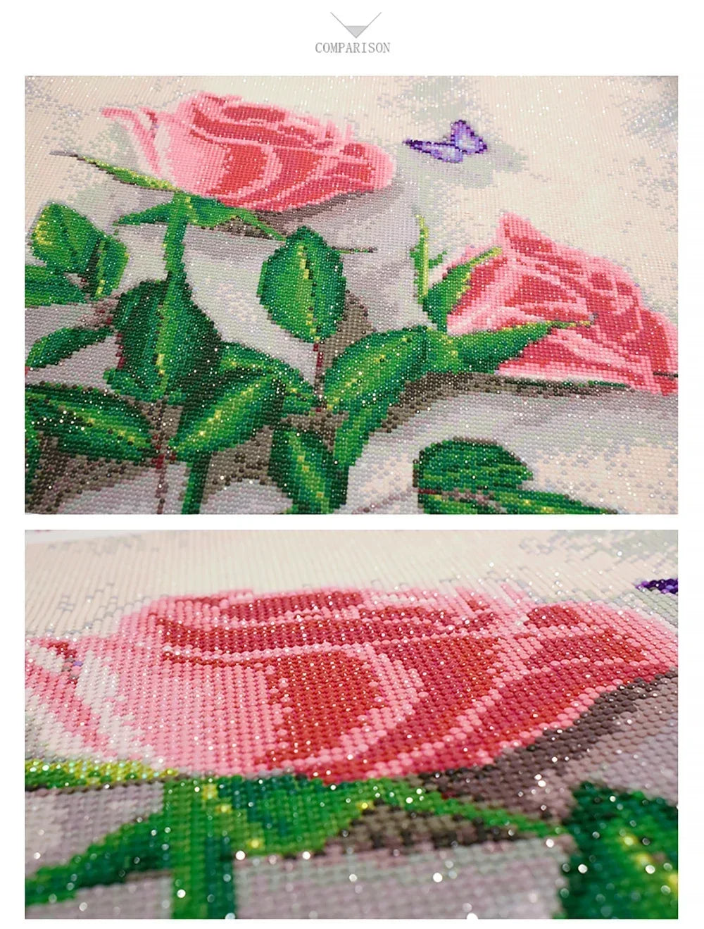 Diamond painting of pink roses and green leaves on a textured background.
