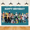 A colorful illustration of various superhero characters celebrating a happy birthday on a teal backdrop.