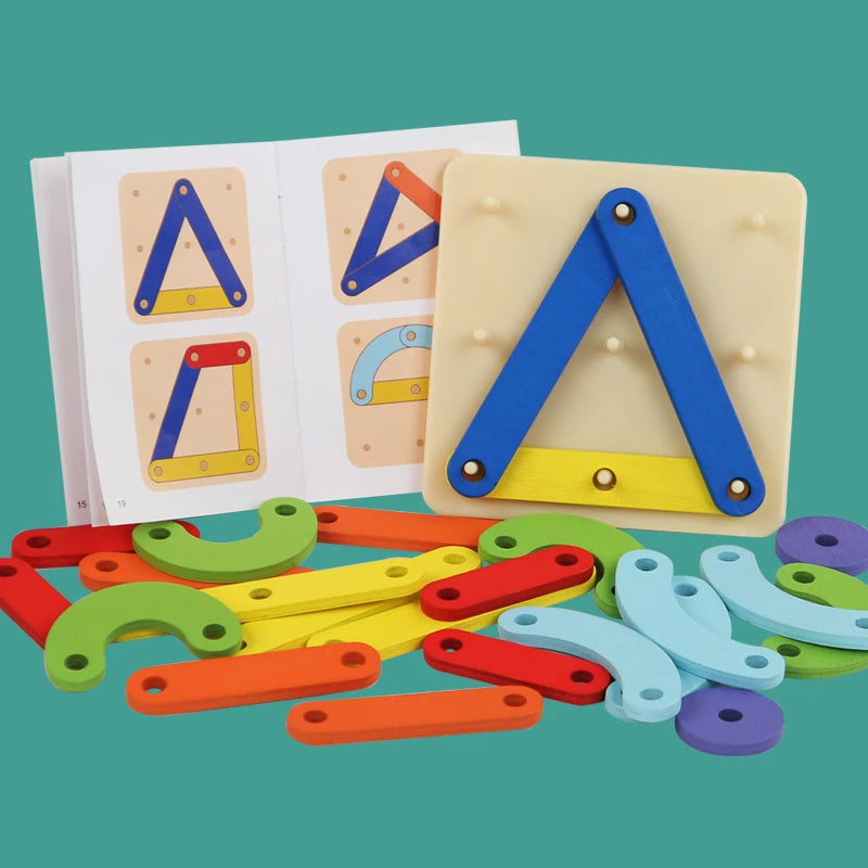 A set of wooden geoboards and construction pieces for kids' Montessori learning.