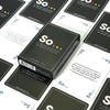 A collection of So Cards conversation starters for deeper discussions, showing various cards and a box.