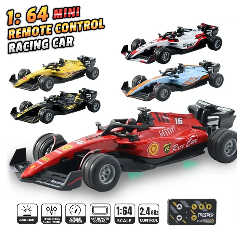A collection of six mini RC racing cars in various colors and designs with remote controls and accessories.