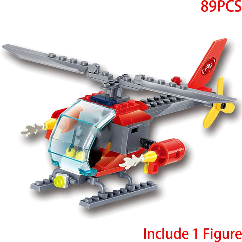A red and gray police helicopter and SWAT carrier vehicle building blocks set with a figure.