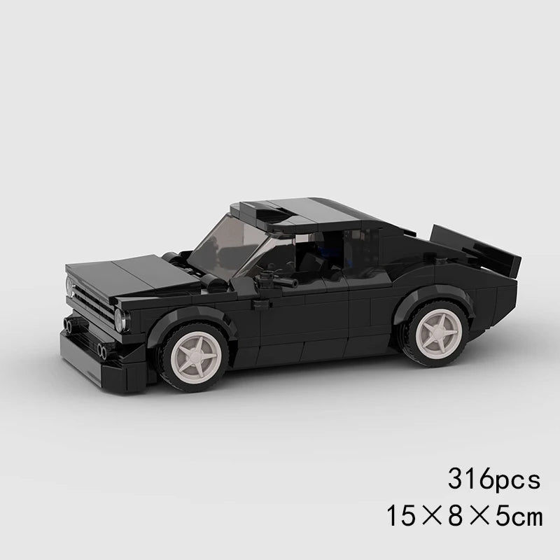 A black classic rally car model built from building blocks.