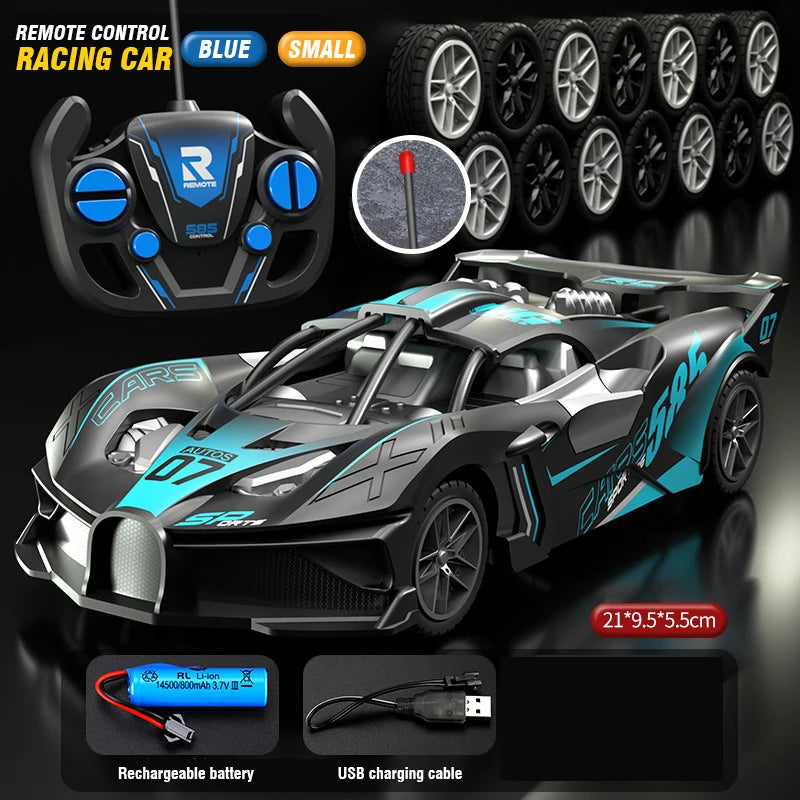 A black and blue remote control drift racing car with a steering wheel and battery components.