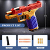 A red and gold building block toy gun with a purple grip and magazine shown next to ammunition components.