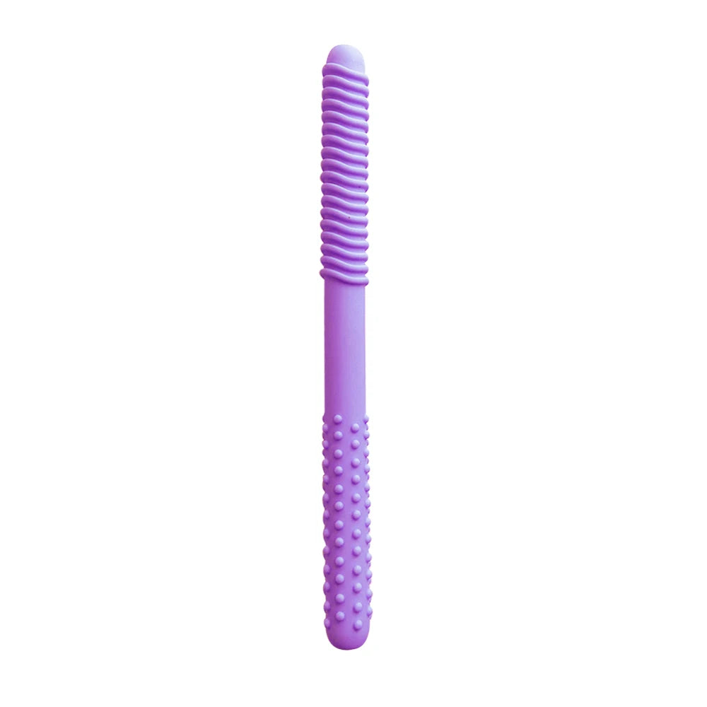 Purple silicone chewing tube for kids used for oral motor training and teething relief