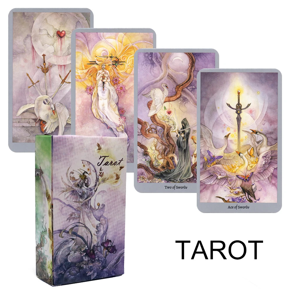 A collection of tarot cards featuring various imagery like the Ace and Two of Swords in purple and gold tones.