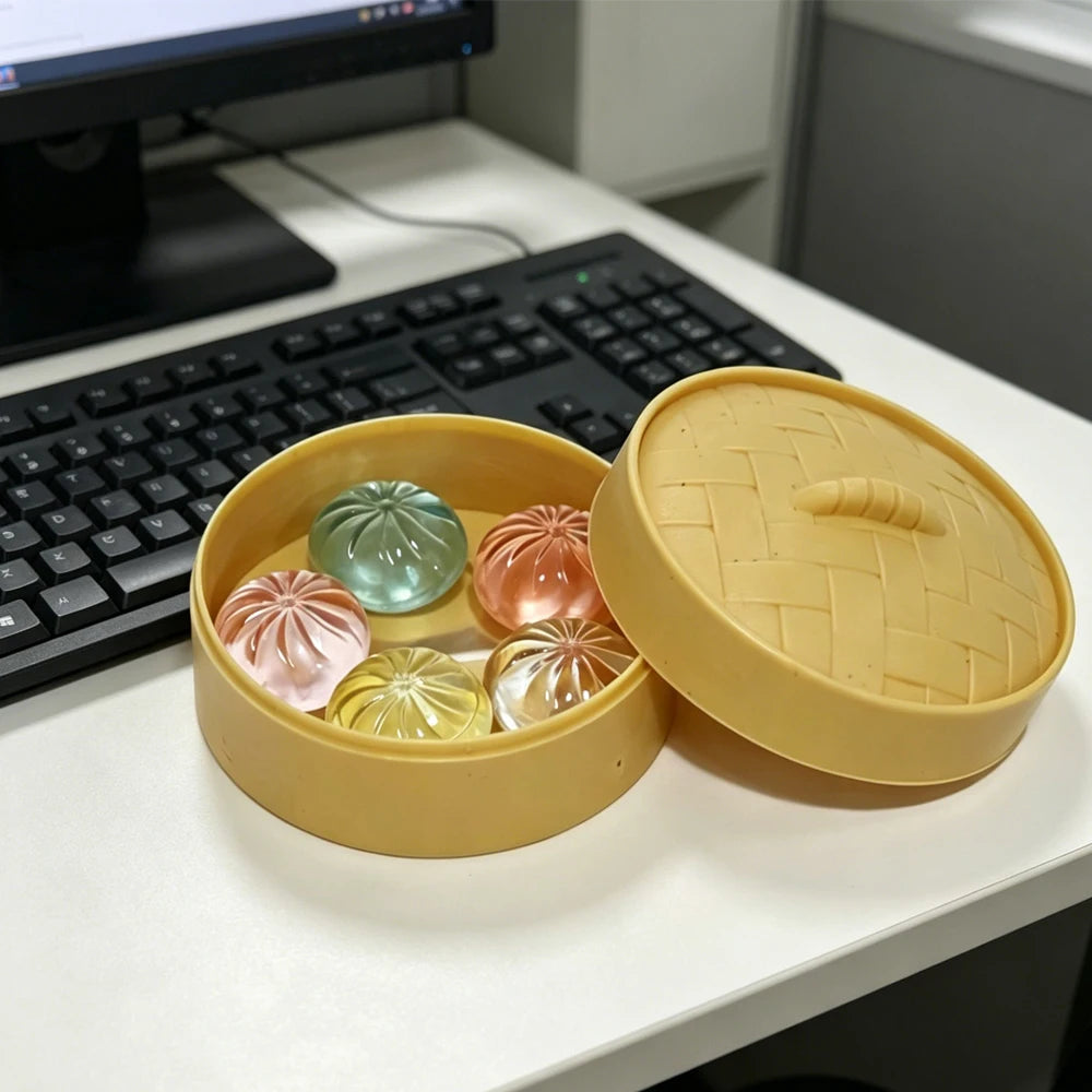 A yellow steamer basket containing five translucent squishy toys in various colors on a white desk.