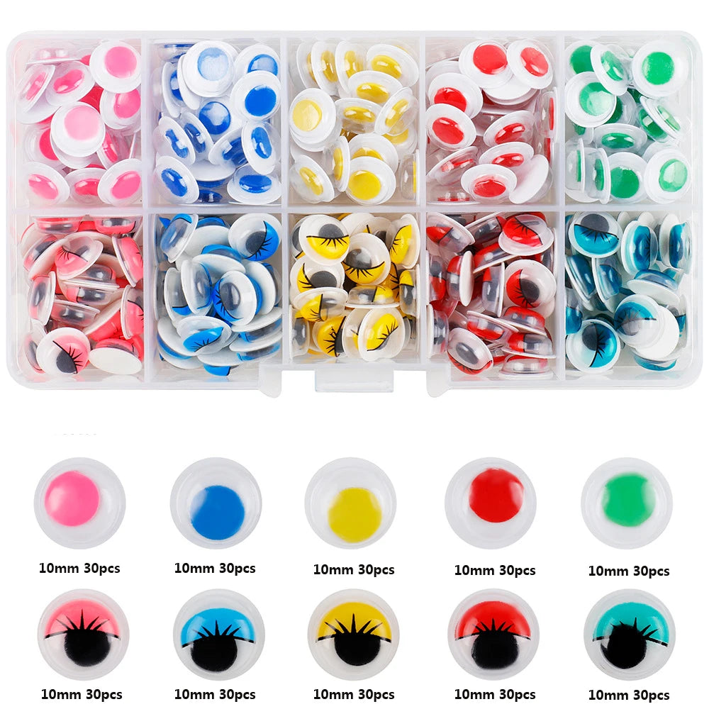 A collection of self-adhesive googly eyes in various colors and styles for DIY crafts.