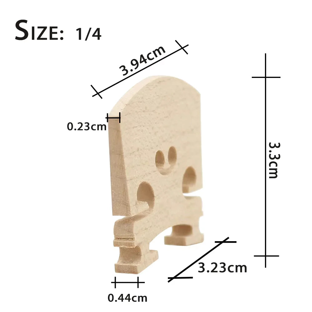 A light wood maple violin bridge for a 1/4 size instrument, showing its dimensions.