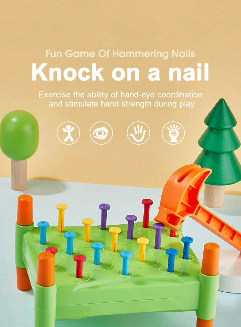 A green toy game featuring wooden nails and a hammer, designed to exercise hand-eye coordination for toddlers.