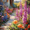 A vibrant garden scene featuring purple and pink lavender flowers lining a stone path next to a wooden building.