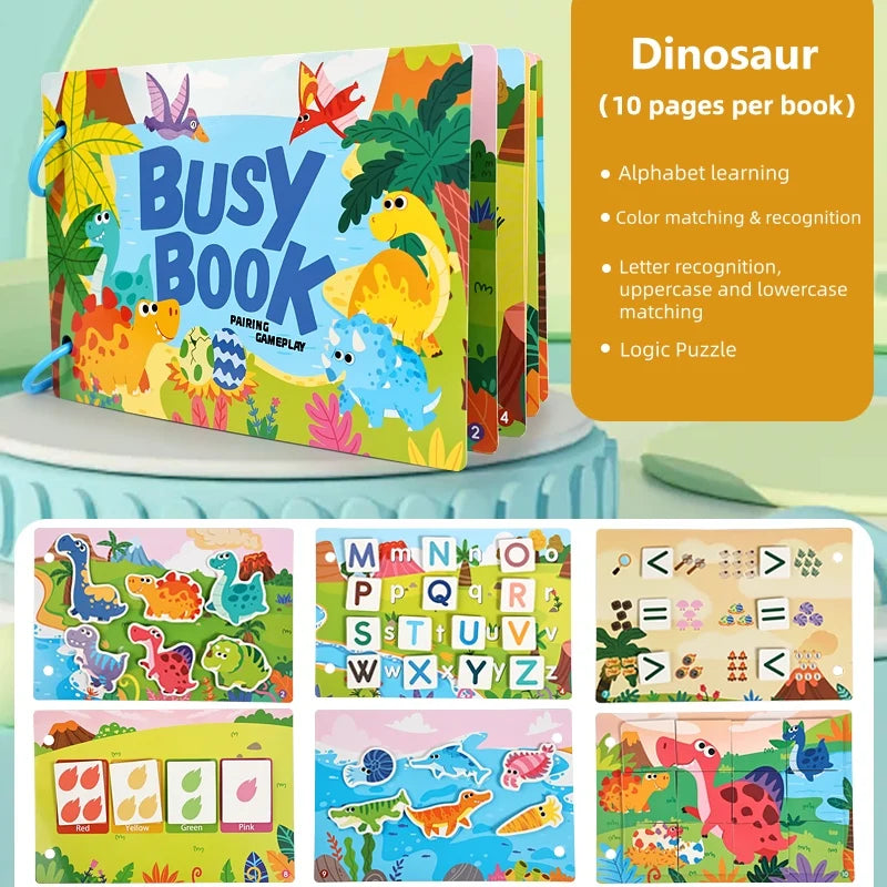 A colorful dinosaur busy book with pages showing alphabet learning, matching, and logic puzzles for toddlers.