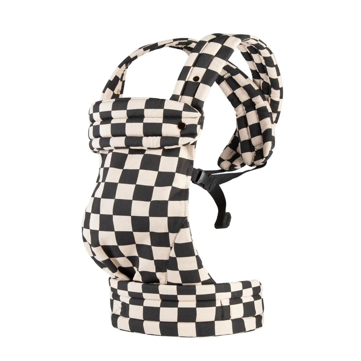 A black and white checkered adjustable cotton baby carrier wrap for newborns and toddlers.