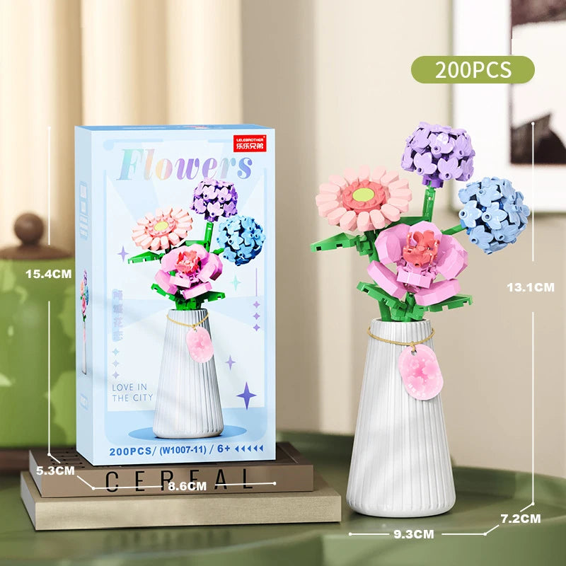 A set of 200 flower bouquet building blocks with a vase for DIY home decor
