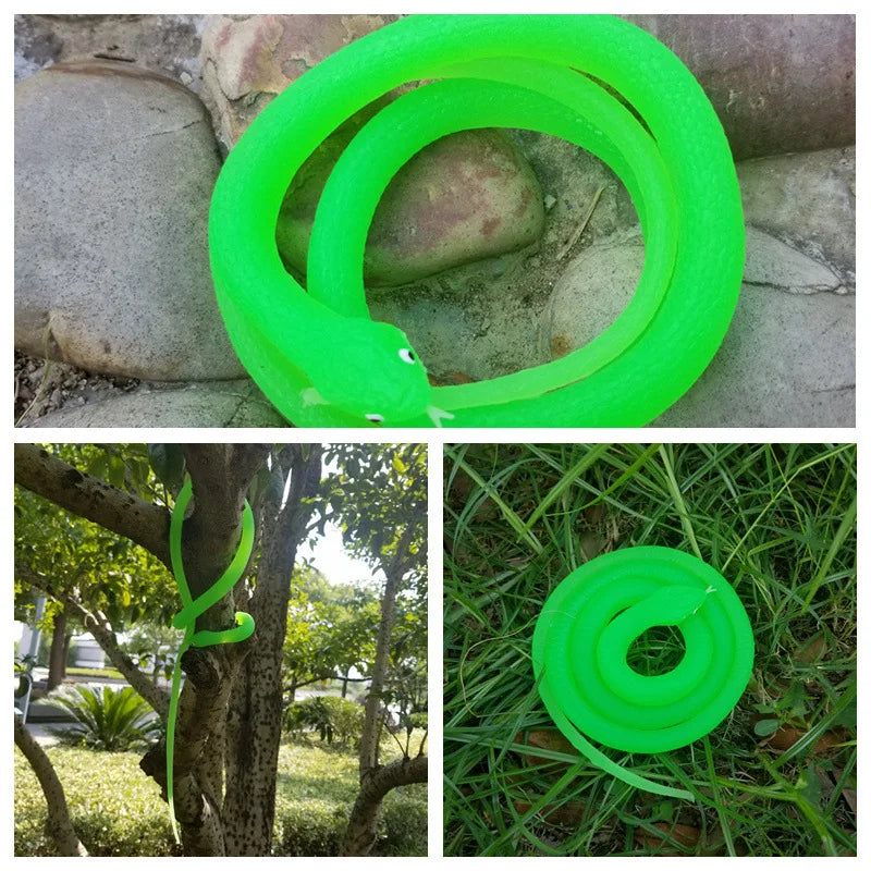 A bright green rubber snake toy coiled on a stone surface.