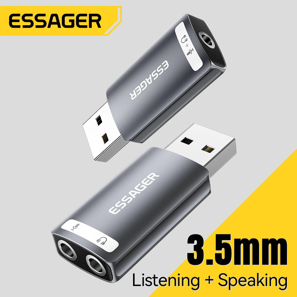 A silver ESSAGER USB audio adapter featuring 3.5mm listening and speaking jacks.