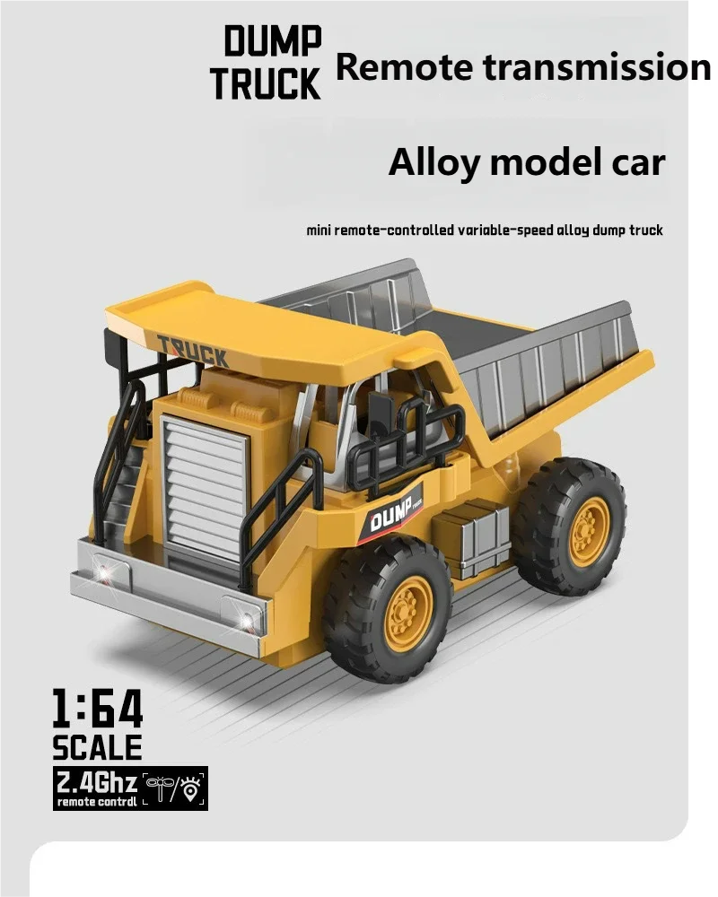 A yellow alloy dump truck model car is shown, ready for remote transmission control.